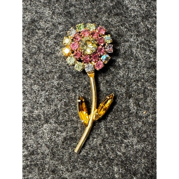 Jewelry - Vintage Gold Tone Sunflower Rhinestone Brooch Yellow Amber Floral Stem Pin 2.5"